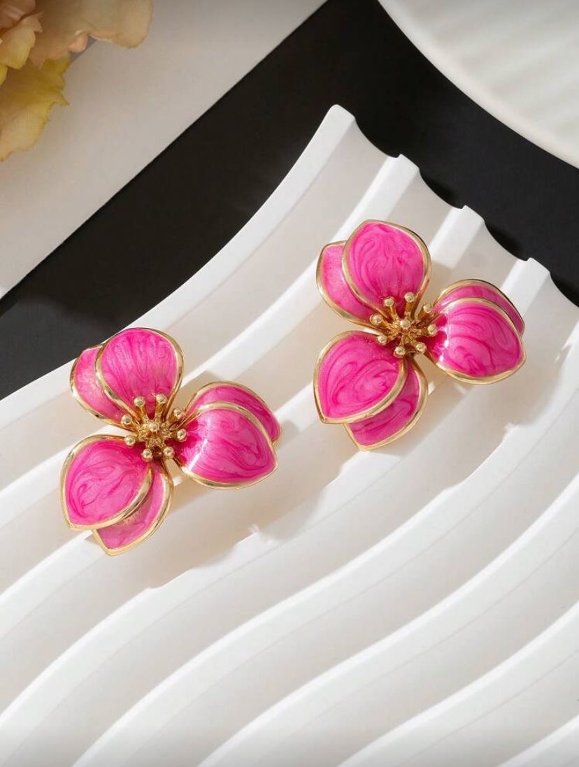 1 Pair Fashionable Pink Floral Design Earring
