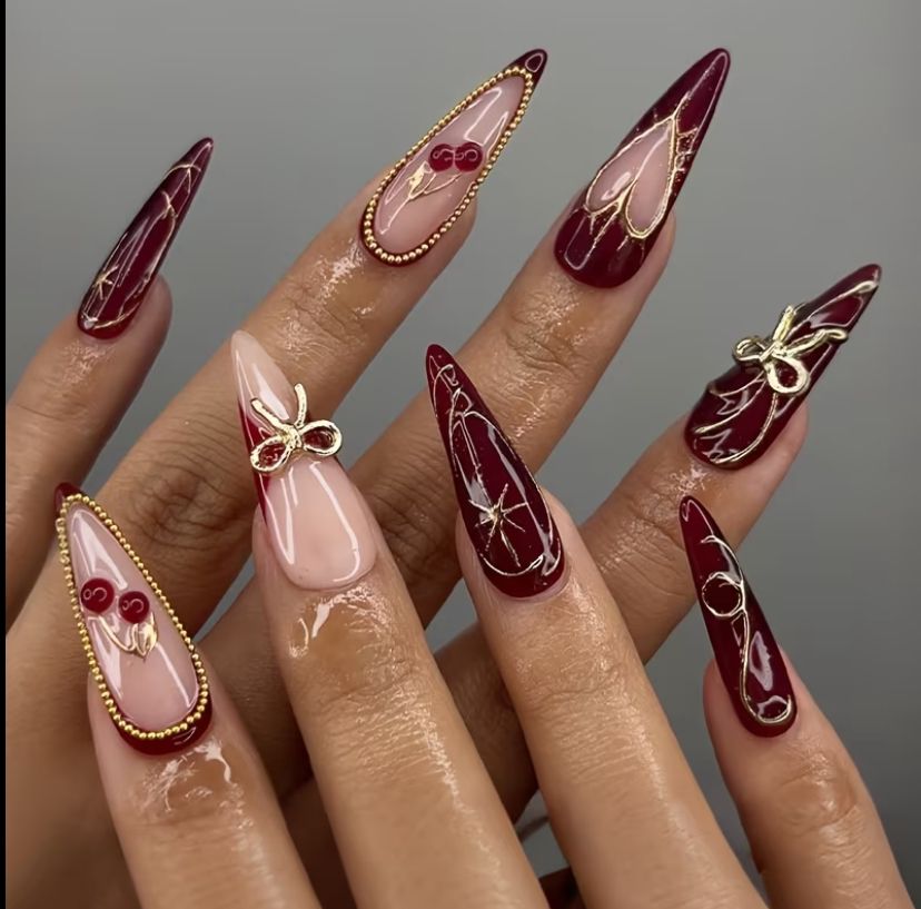 24pcs set of Valentine Themed Long Stiletto Acrylic Nails.