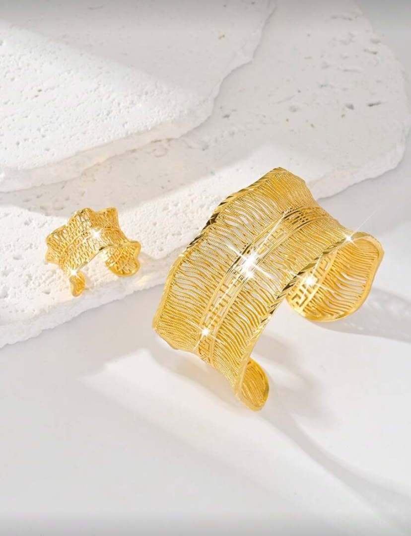2pcs Set Gold Plated Copper Bangle & Ring Jewelry Set
