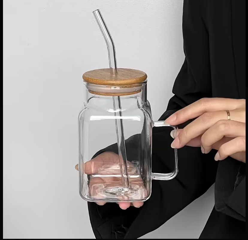 1pc Square Glass Cup with Wooden Lid ad Glass Straw
